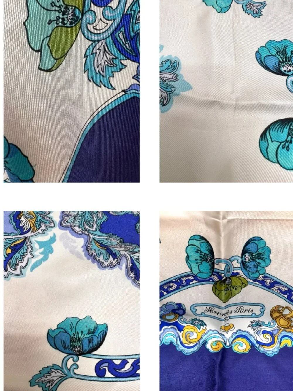 Anémones Hermes Paris  Silk  Scarf  34" Ivery Blue Purple Floral Pattern  (26) - Picture 10 of 16